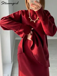 Slit Skirts Set For Women 2 Pieces Burgundy Sweater Matching Sets Ladies Elegant Women's Suits Two Piece Skirt And Top Sets