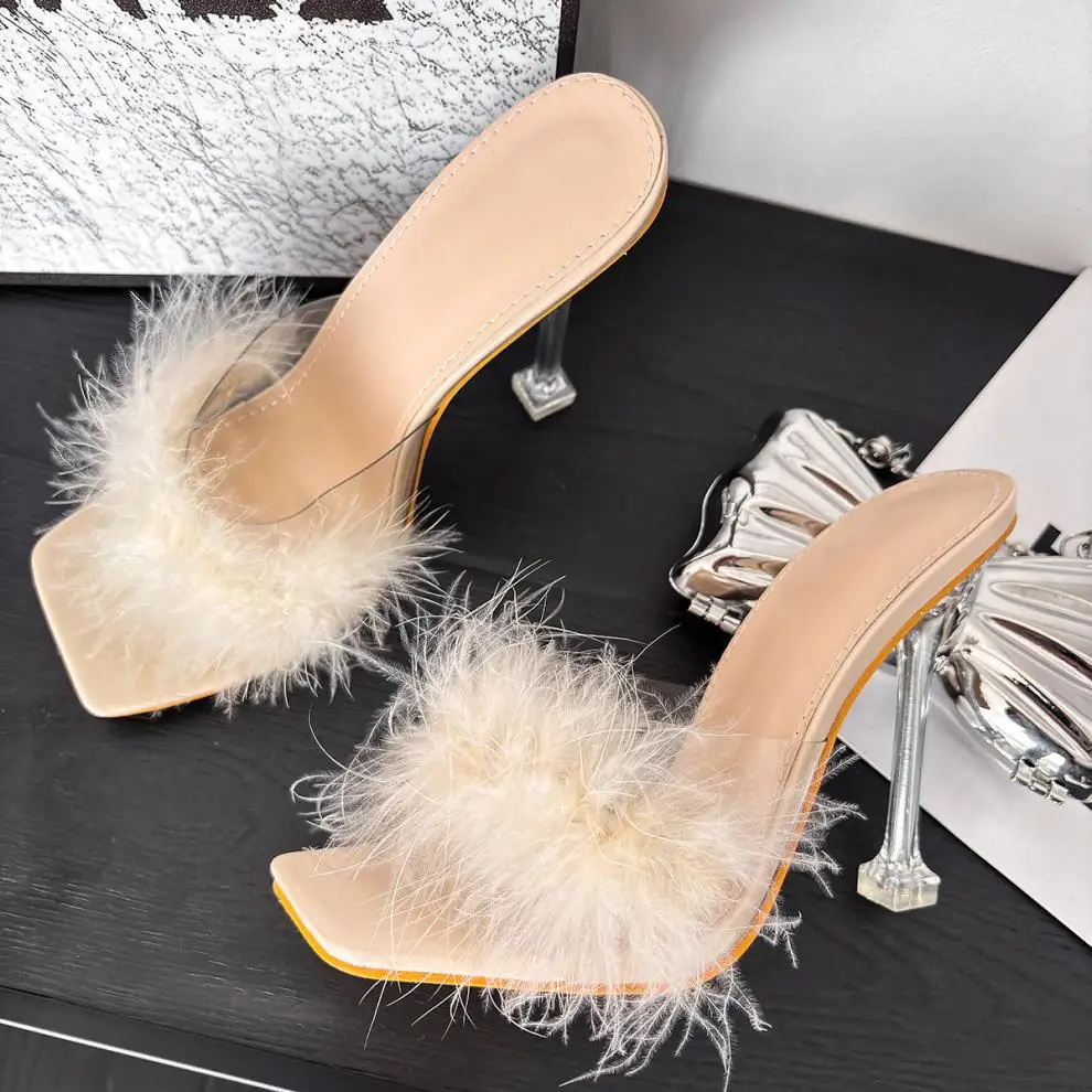 

Womens Pumps Fashion Square-toed Open-toed High-heeled Sandals Temperament Transparent Heel Fluffy Catwalk Shoes Sandalias Tacón