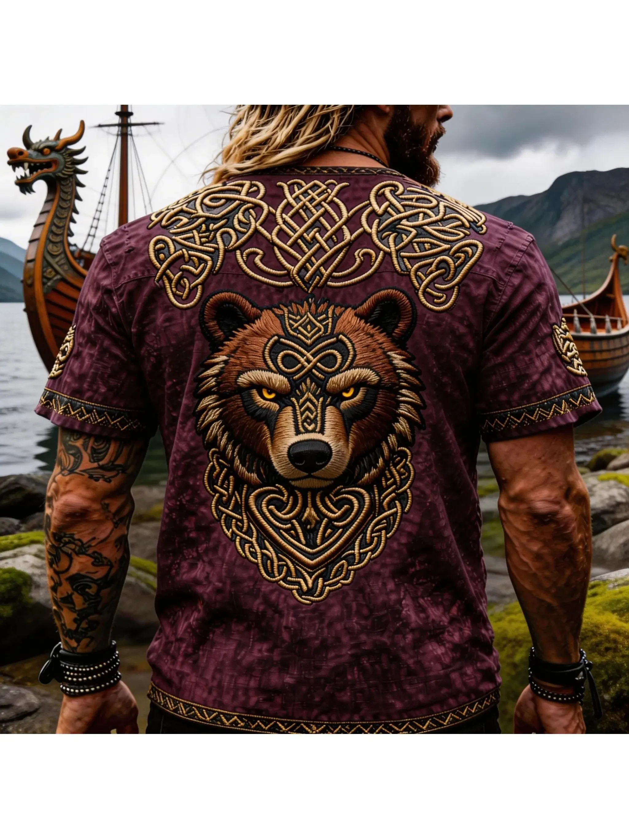 2026 Sommer Retro Street Distressed Herren-T-Shirt mit Wikinger-Bär, Keltischem Knoten, 3D-Druck, lockerer Rundhals-Kurzarm – Detail 6