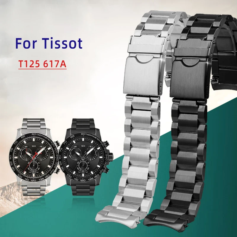 Curved end Watch chain 1853 Men For TissoT T125 stainless steel strap T125617A  Black Knight metal steel Watchband bracelet 22MM