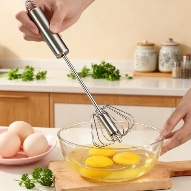 Stainless steel semi-automatic egg beater, rotating cream egg mixer, household manual egg beater, baking tool Battery-Free