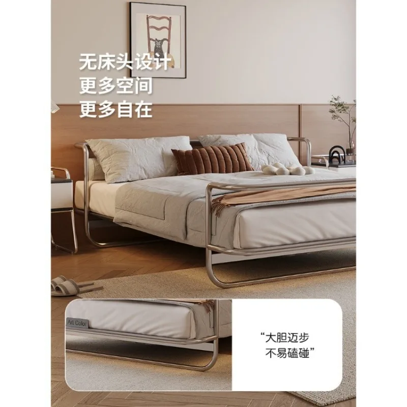 Modern minimalist small apartment ultra-thin carbon steel bedside edgeless genuine leather bed
