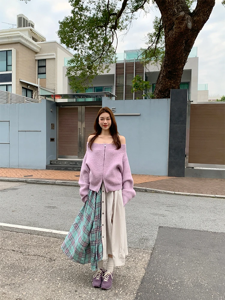 

Двусторонняя одежда Золушки, фиолетовый тюлевой свитер, женский кардиган на одно плечо, свободный крой, длинный свеч, застежка-молния