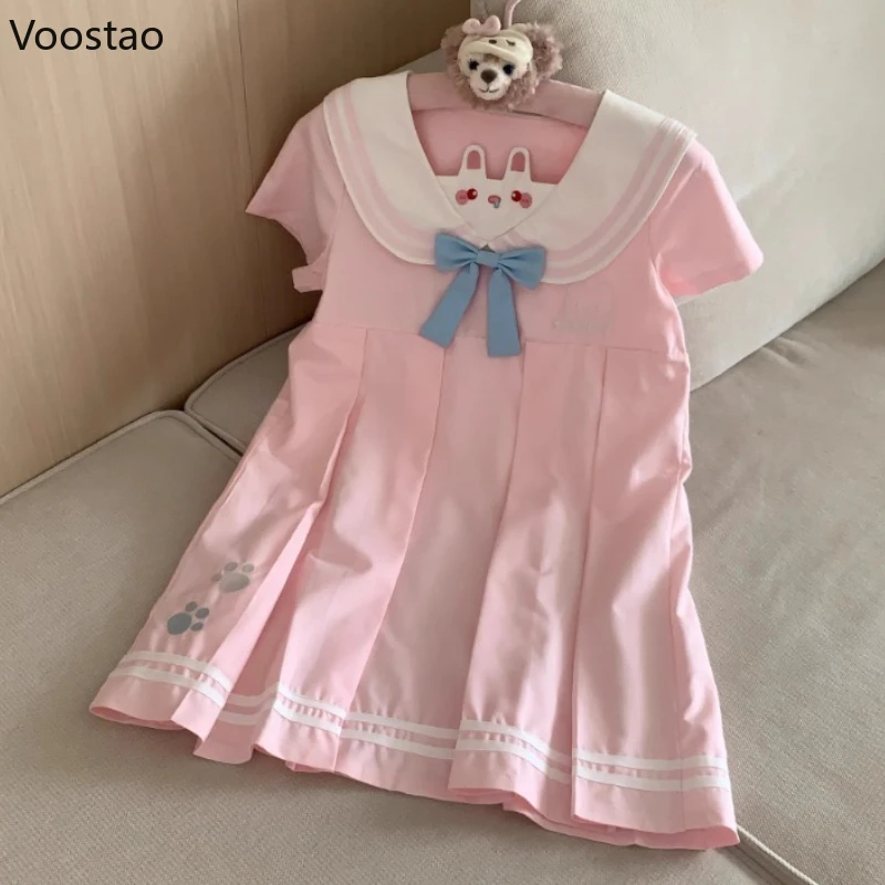 Rosa Kleid im Lolita-Stil, japanische Frauen, Kawaii-Cartoon, Hasenohren, Schleife, Matrosenkragen, Partykleider, süßes Mädchen, süßes Prinzessinnenkleid