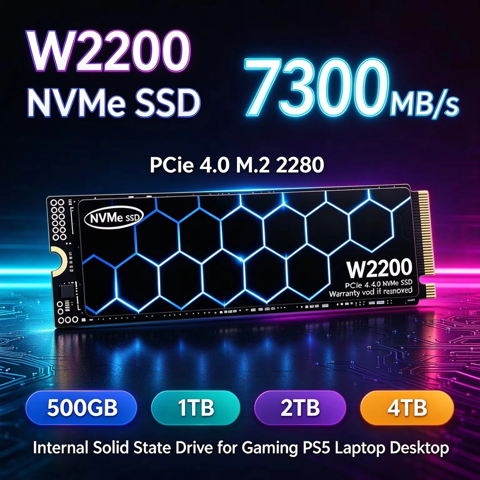W2200 NVMe SSD 7300MB/s PCIe 4.0 M.2 2280 Launch Games in Seconds, 4TB Internal Drive for Desktop Laptop, High Speed Storage