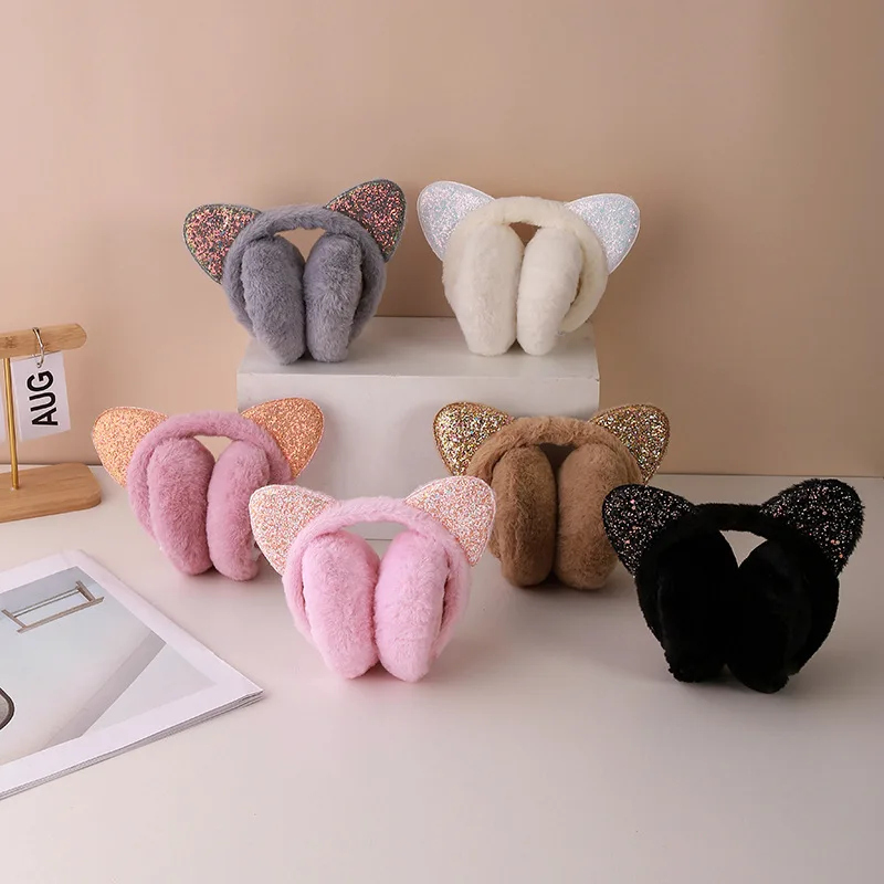 Glitter Cat Ear Earmuffs Kids Foldable Plush Winter Fluffy Ear Covers Children Cute Windproof Ear Muffs Girls School Commuting
