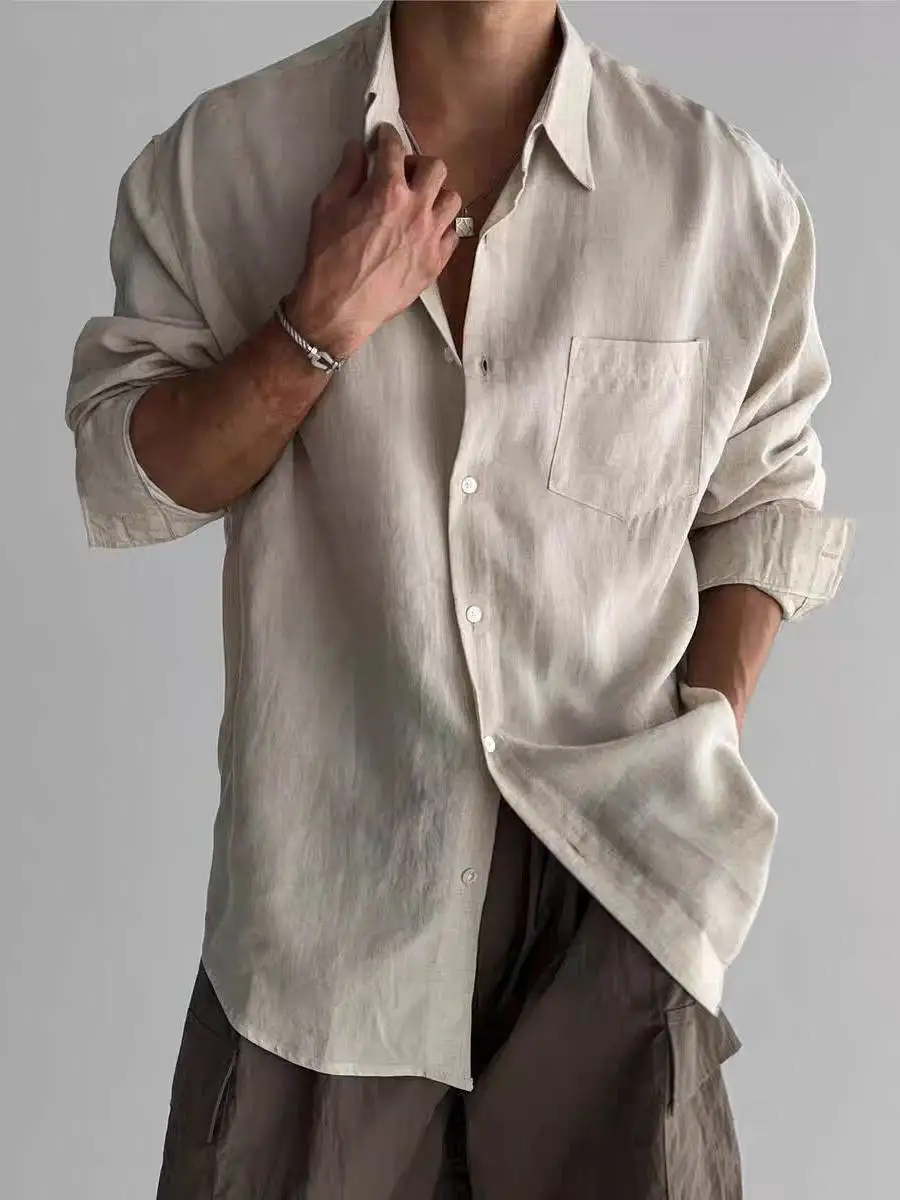 Cotton Linen Men's Shirt Thin Breathable Loose Long Sleeve Sun Protection Open Cardigan Turn-down Collar Linen Work Shirt Loo...