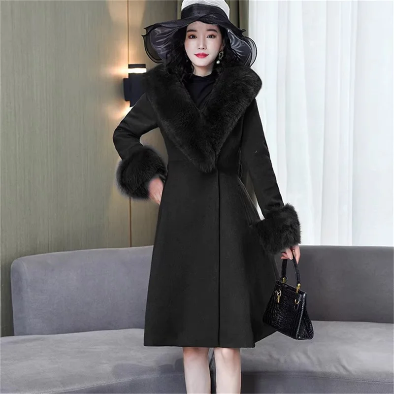 Long Woolen Coat Women\'s Long Outwear 2024 Winter New Thickened Knee Style Large Woolen Collar Loose Waistband Coat With Belt Tr