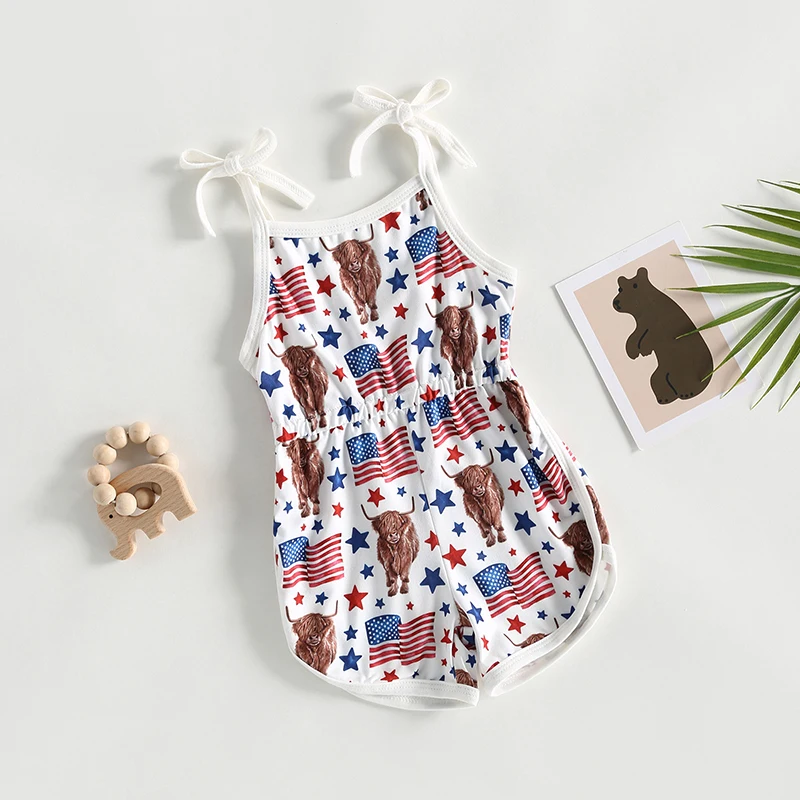 Fourth of July Infant Girl Romper Patriotic American Flag Print Sleeveless Jumpsuit Shorts Playsuit for Baby Toddler Summer