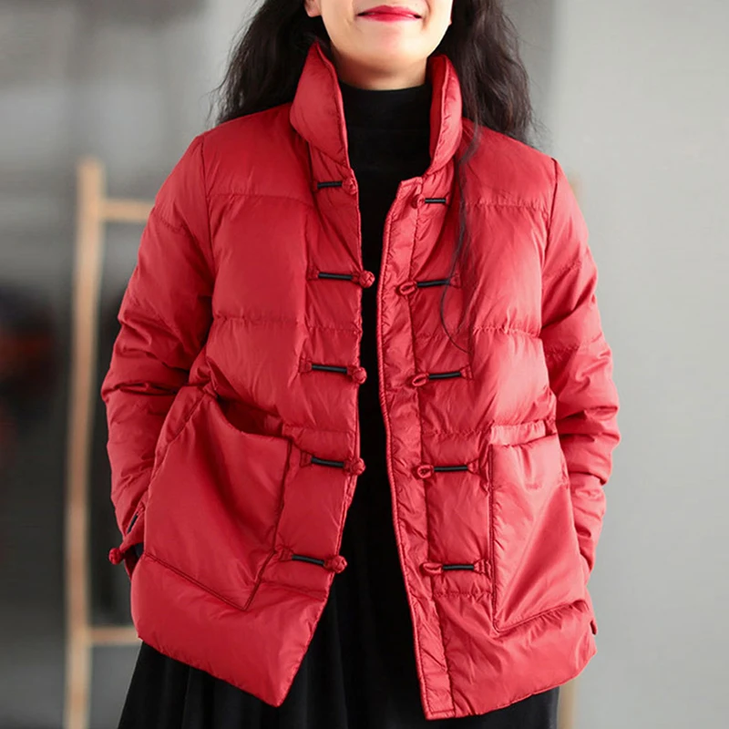 2023 Autumn Pocket Parkas Female White Duck Down Winter Down Jackets Women Vintage Single Breasted Solid Casual Loose Outwear