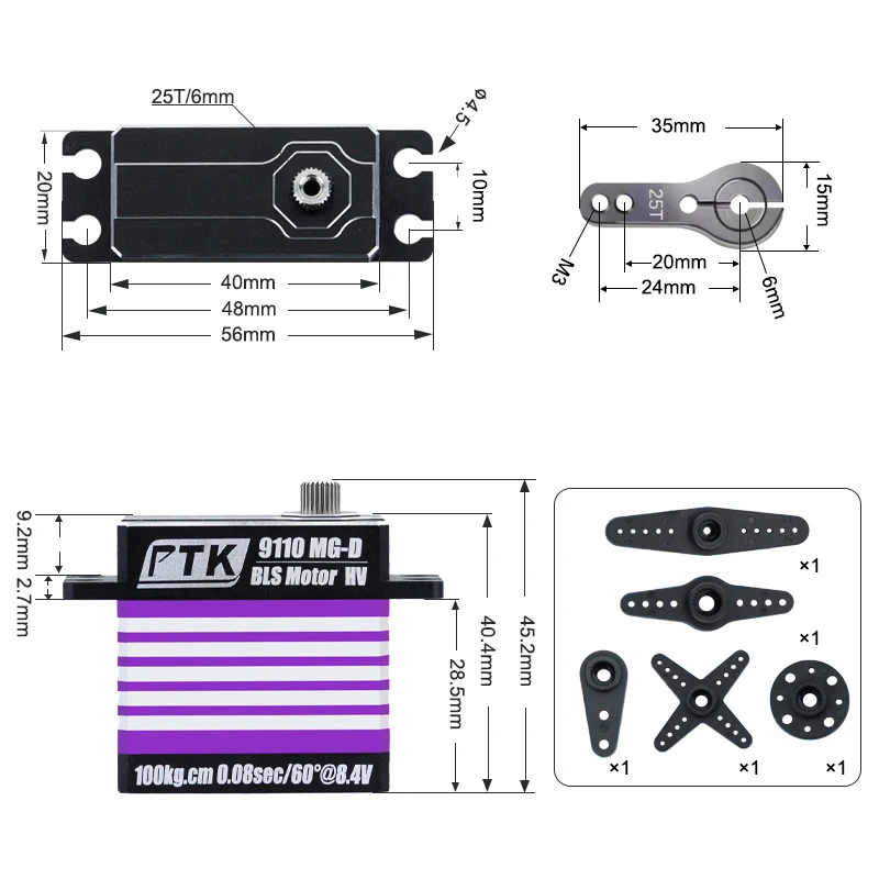 PTK 9110 MG-D High-torque 100KG Brushless Servo Waterproof Digital Servo RC Vehicle Climbing Vehicle Monster Truck Drone 180°