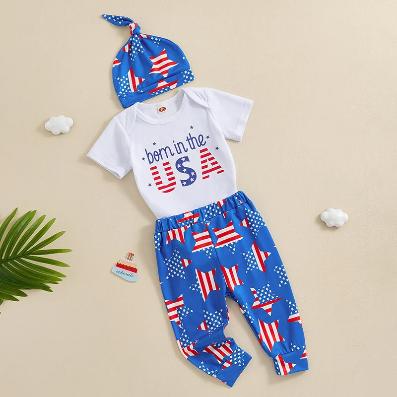 

Newborn Boy 4th of July Outfits Baby Short Sleeve Romper Pants Hat 3Pcs Infant Independence Clothes Set