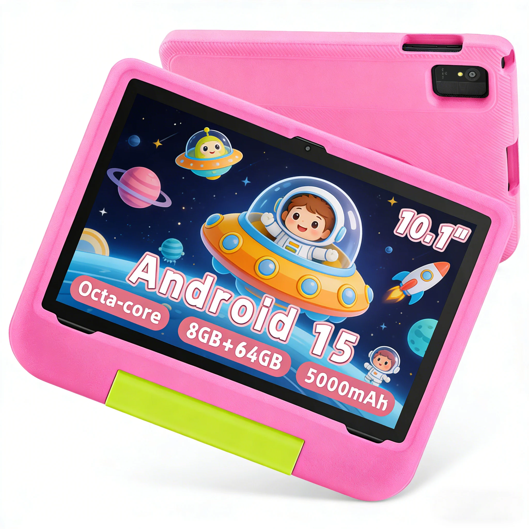 Kids Tablet 10.1 Inch Android 16 8GB RAM 64GB ROM WiFi 6 5000mAh Dual Camera Drop-resistant Case for Toddler Learning Games