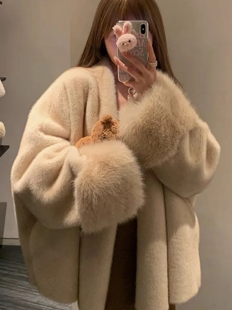 

Elegant Women Faux Fur Coat Winter Warm Long Sleeve Fashion Faux Fox Jacket Korean Casual Solid Sweet All Math Chic Outwear Tops