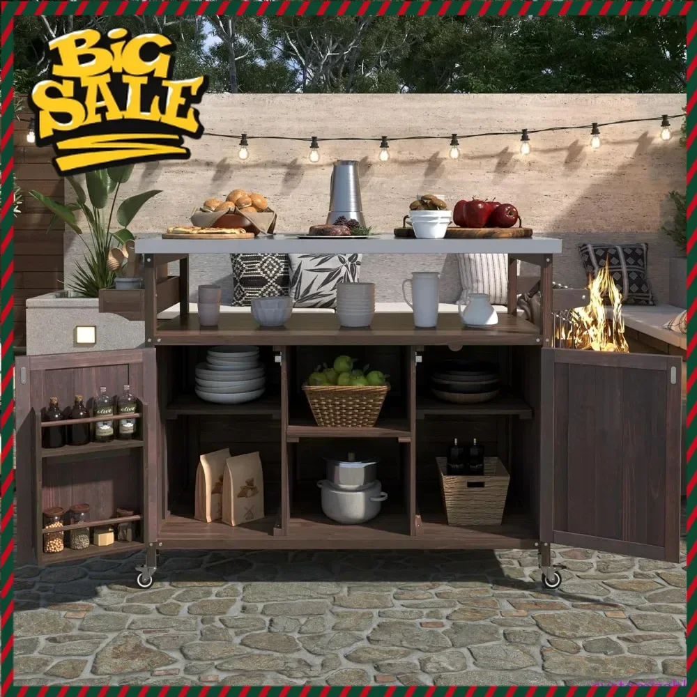 

Горячая распродажа: Уличный кухонный остров в стиле фермерского дома на колесиках с местом для хранения и столом-гриль из массива дерева