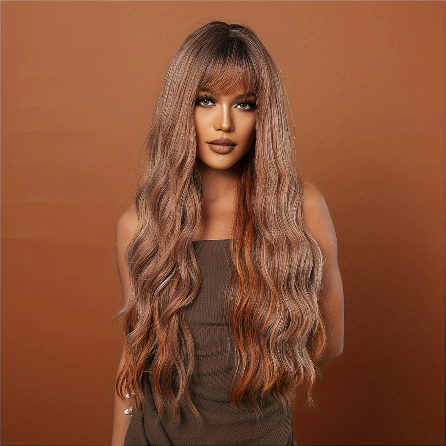 Brown Romantic Blend 32-Inch Synthetic Wig With Stylish Fringe Curls - Women's Glamorous Wig Ideal for Every Occasion