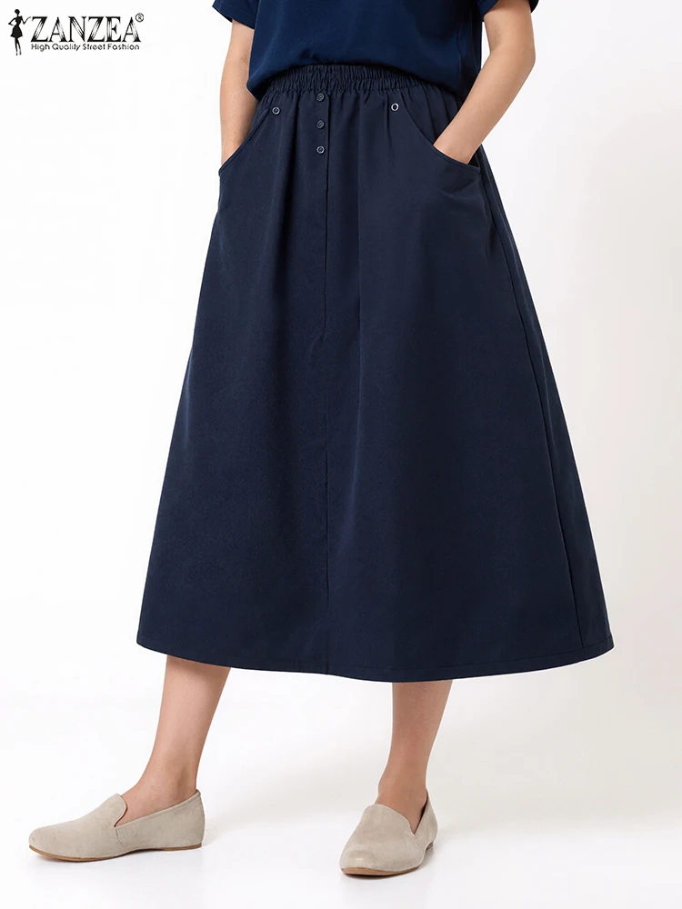 ZANZEA Moda Jesień Damskie Długie Spódnice Eleganckie Biurowe Faldas Saia Jupes Kieszenie Jednolite Casual Luźne Elastyczna Talia Midi Spódnice