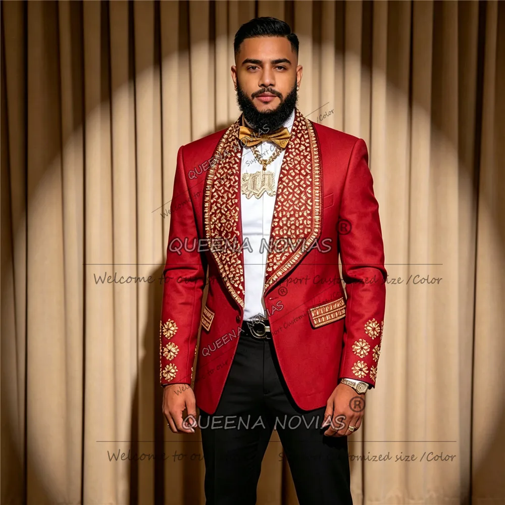 Exclusive Wedding Tuxedo For Man Gold Jewelry Stones Prom Blazer Pants 2 Piece Sets Men's Suit Formal Wear Business Party Outfit