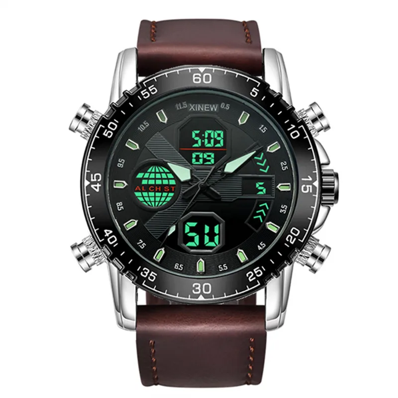 

Мужские часы большого бренда с двойным временем, студенческие модные повседневные кожаные ремешки, военный хронограф, многофункциональные спортивные наручные часы черного цвета