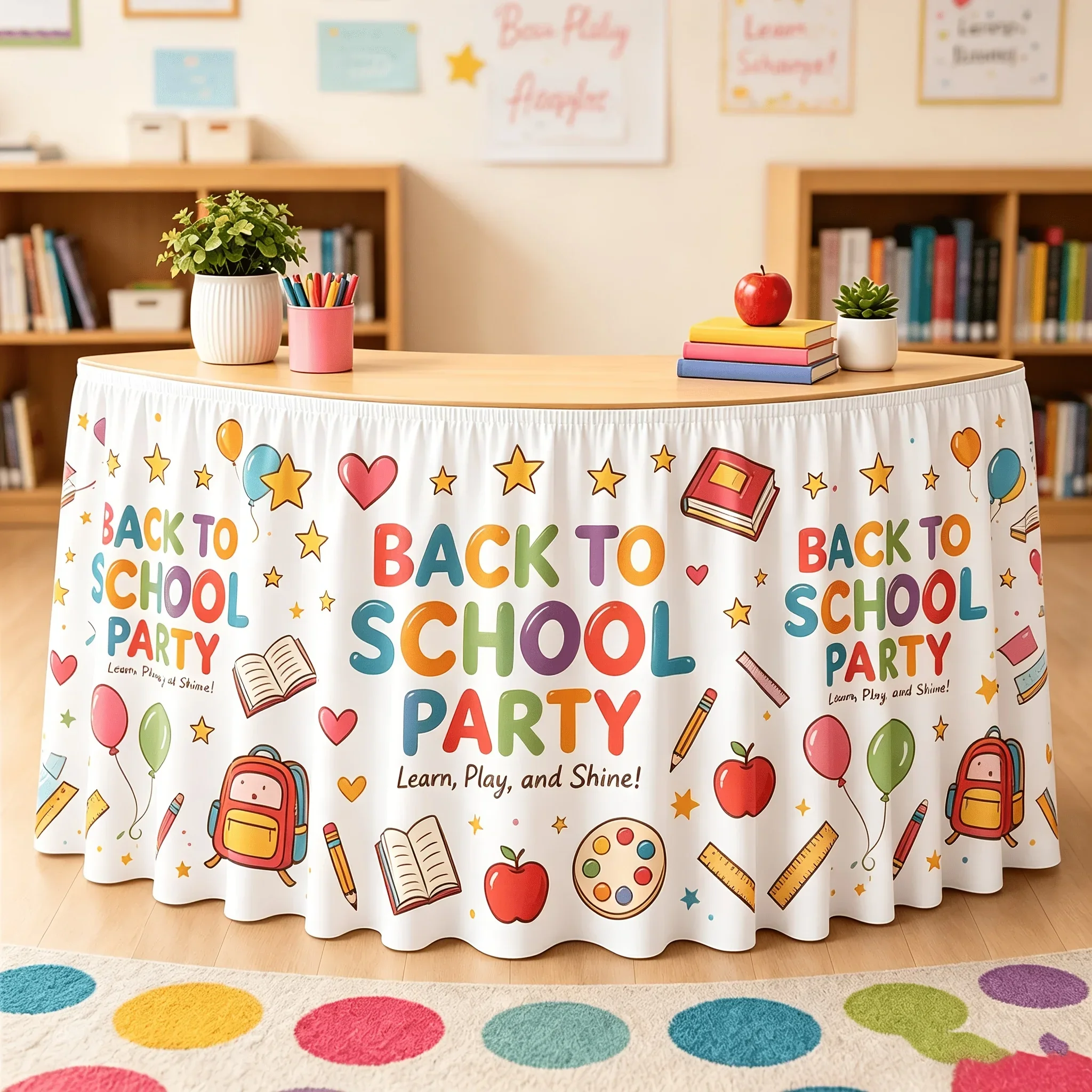 Back-to-school party table skirts, cartoon classroom decoration table covers, printed table skirts, kindergarten campus partyxzj