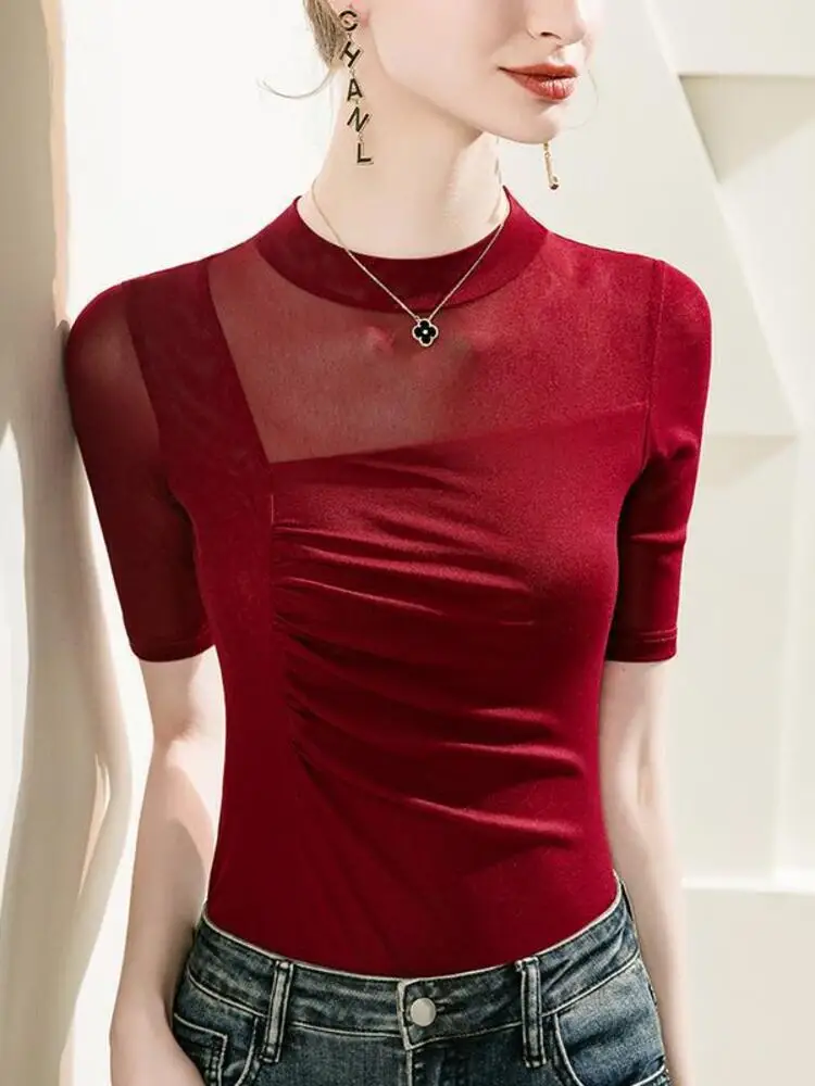 Stand Up Collar Mesh Base Shirt For Women, Slim Fit With Five Quarter Sleeves, 2025 Summer New Mid Sleeve Dance Top T-Shirt