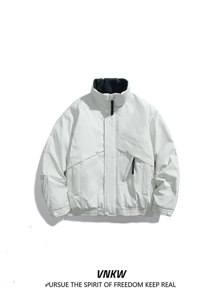 

Retro American Thiened Cotton Jaet Stand Collar Patchwork Color Men Women Winter Warm Bread Sle Outerwear Coat