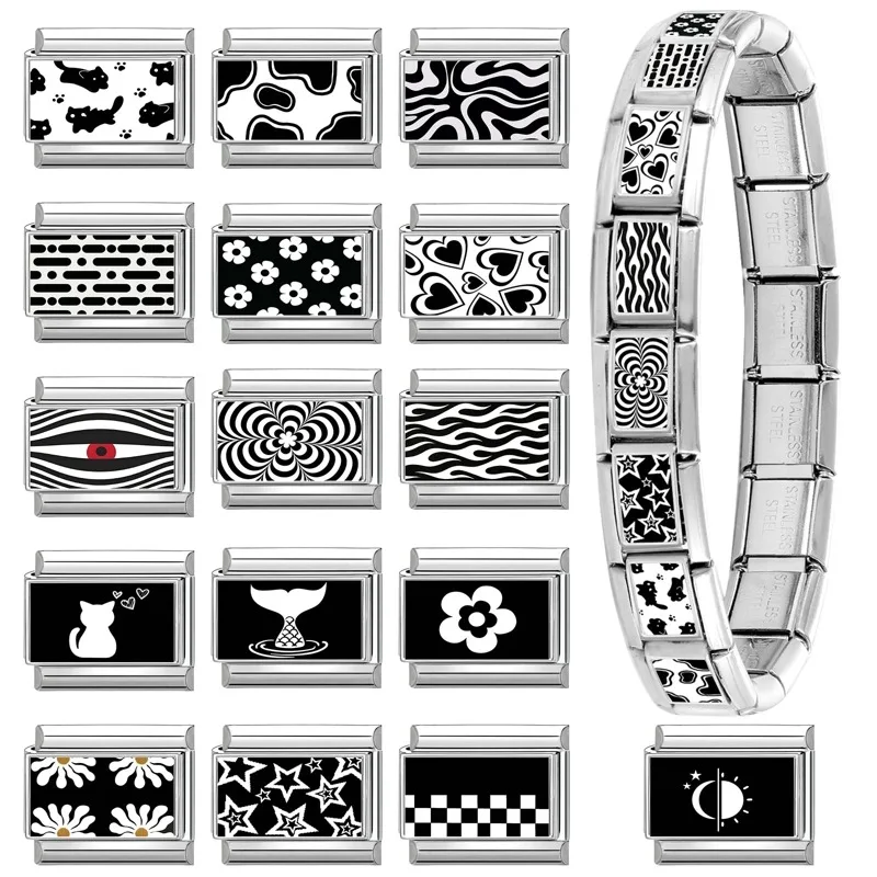 Black White Series Cute Cats Heart Sun Moon Stars Flowers Italian Charm Link Fit 9mm Stainless Steel Bracelet DIY Making Jewelry