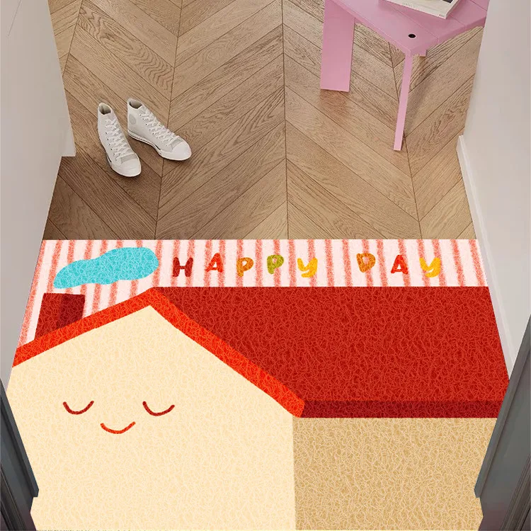 Cartoon Smiley House Print PVC Coil Doormat Anti‑Slip Dirt Trapping Welcome Mat Indoor Outdoor Home Entrance Decor Rug