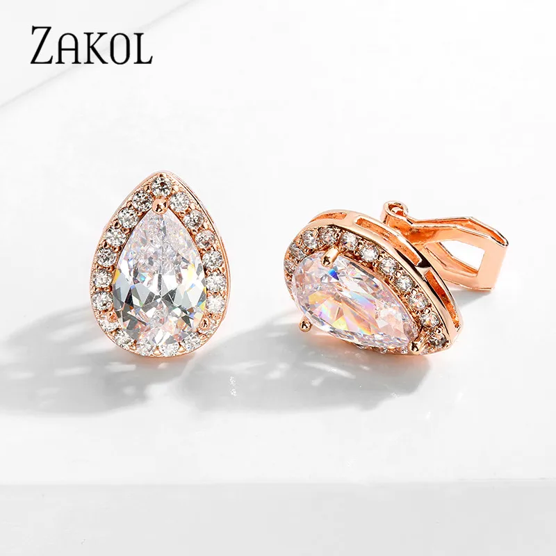 ZAKOL Fashion Water Drop Zircon Clip Earrings Without Piercing Puncture for Women Classic Bridal Wedding Jewelry Dropshipping