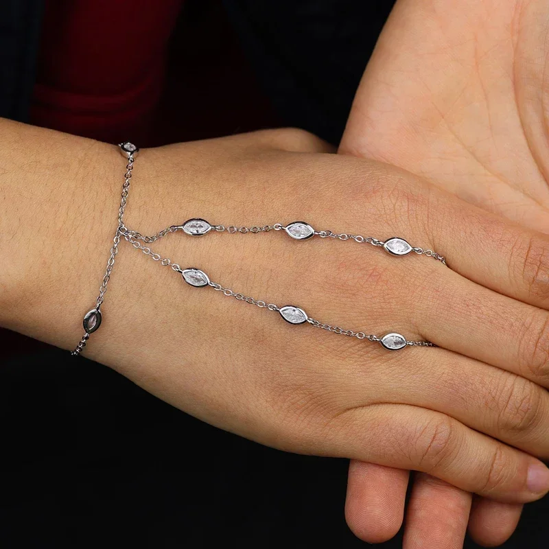 2025 New Elegance Fashion Women Hand Chain Bracelet With Ring Gold Color Tear Drop CZ Geometric Jewelry
