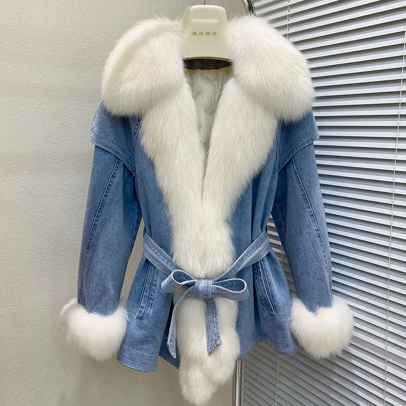 

Fur CoatNew Denim Fur Jacket, Medium Length White Fox Lapel Fox Fur Goose Down Jacket