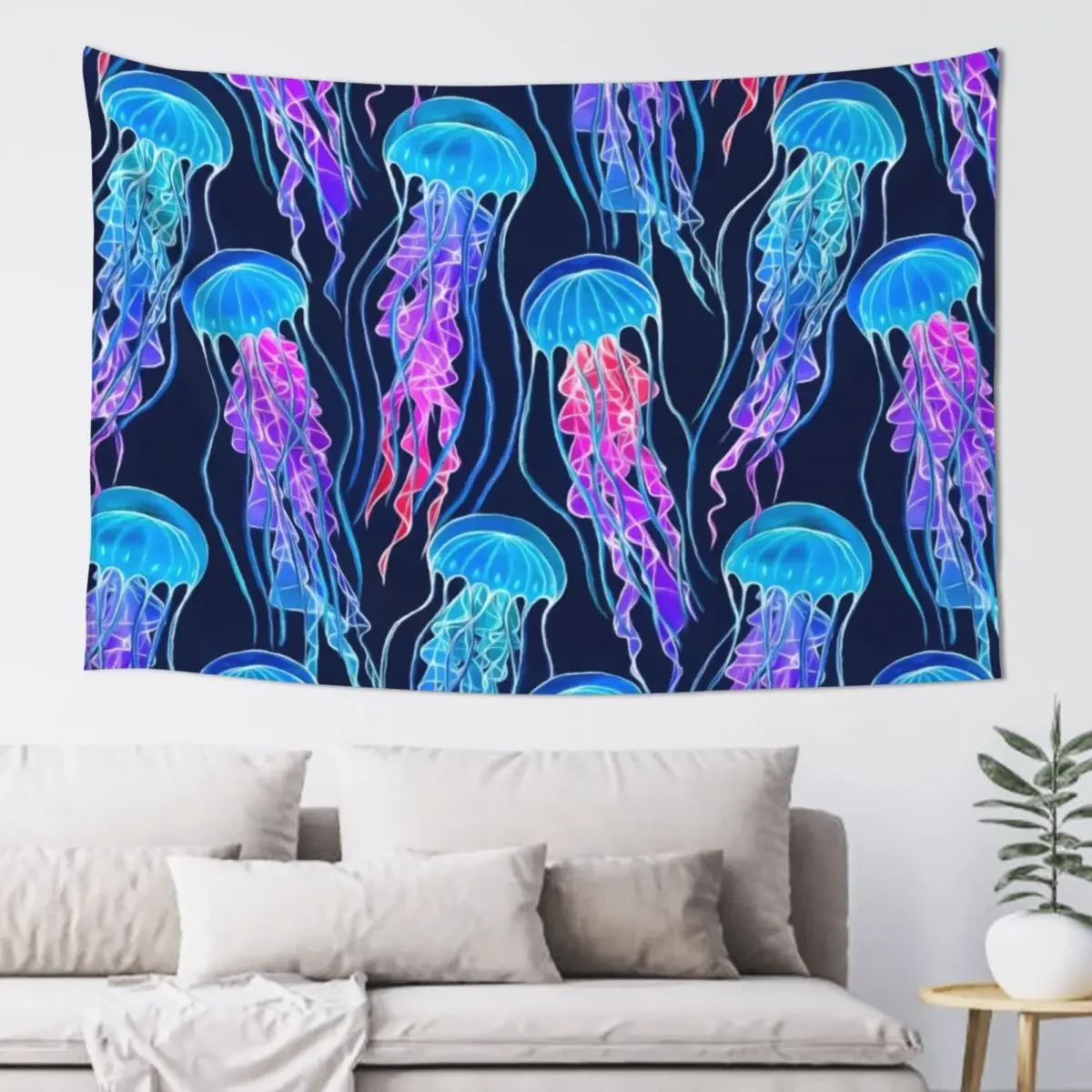 Luminescent Rainbow Jellyfish on Navy Blue Tapestry Decorations For Your Bedroom Nordic Home Decor Tapestry