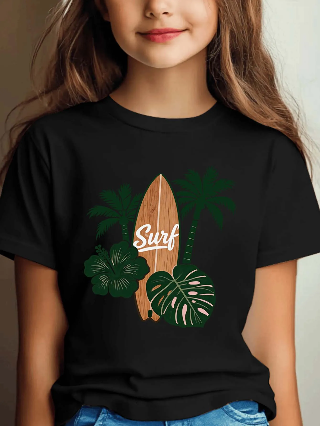 Cute Surfboard Tropical Palm Print Graphic Kids Tee Boys Girls Family Matching Cotton Crew Neck Short Sleeve Soft Summer Tee
