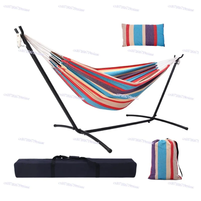 

Double folding swing hammock frame cotton canvas adult hiking leisure facility for indoor and outdoor entertainment