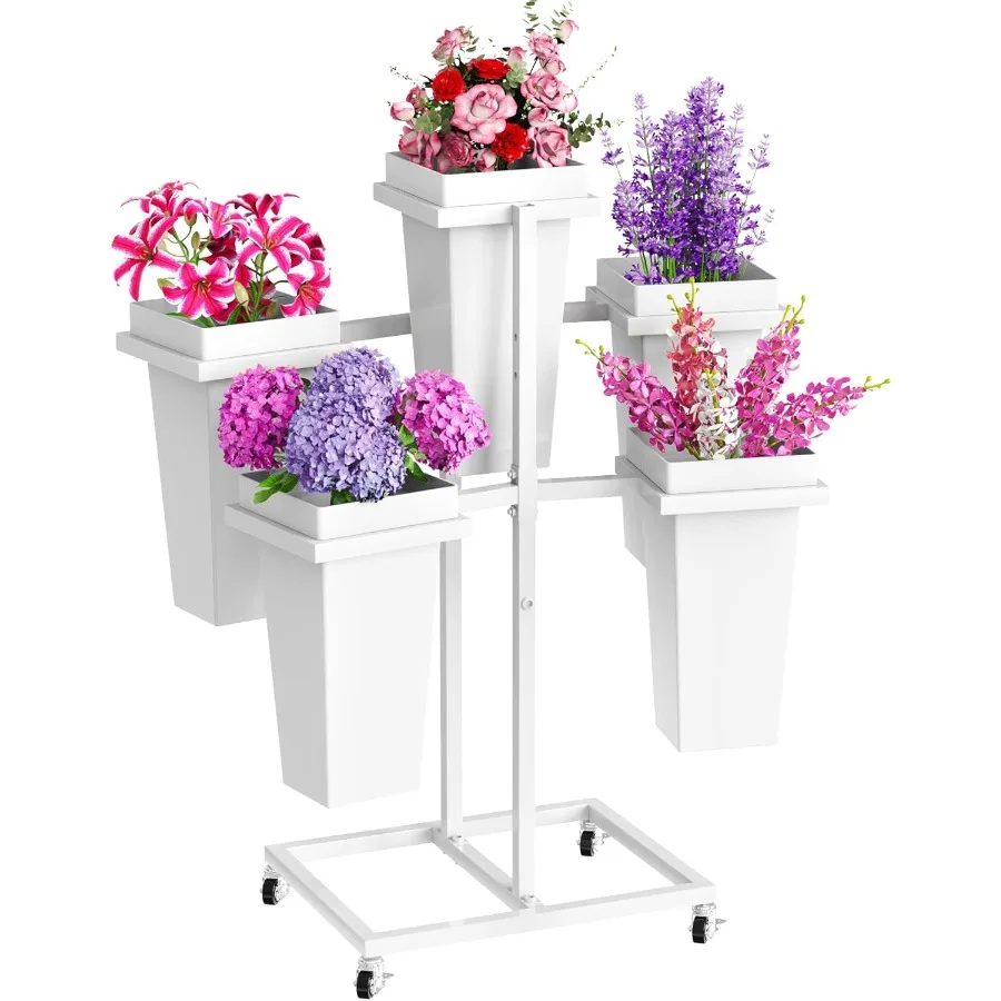 

Flower Display Stand with Buckets Wedding Flower Cart with Wheels White Flower Pot Stand Moving Florist Bouquet Shelf for Weddi