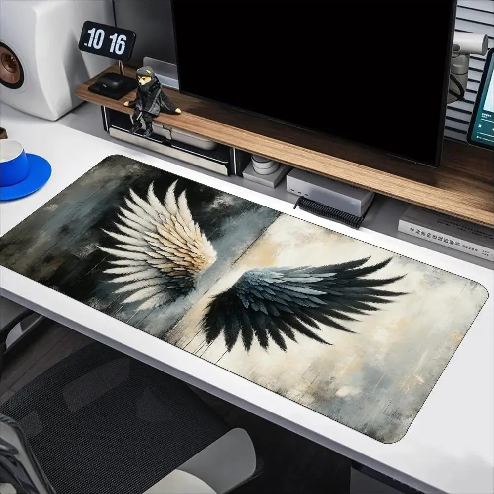 Vintage Black White Angel Wing Large Mouse Pad Non Slip Rubber Desk Mat for Laptop Keyboard Gaming and Stylish Home Computer Use