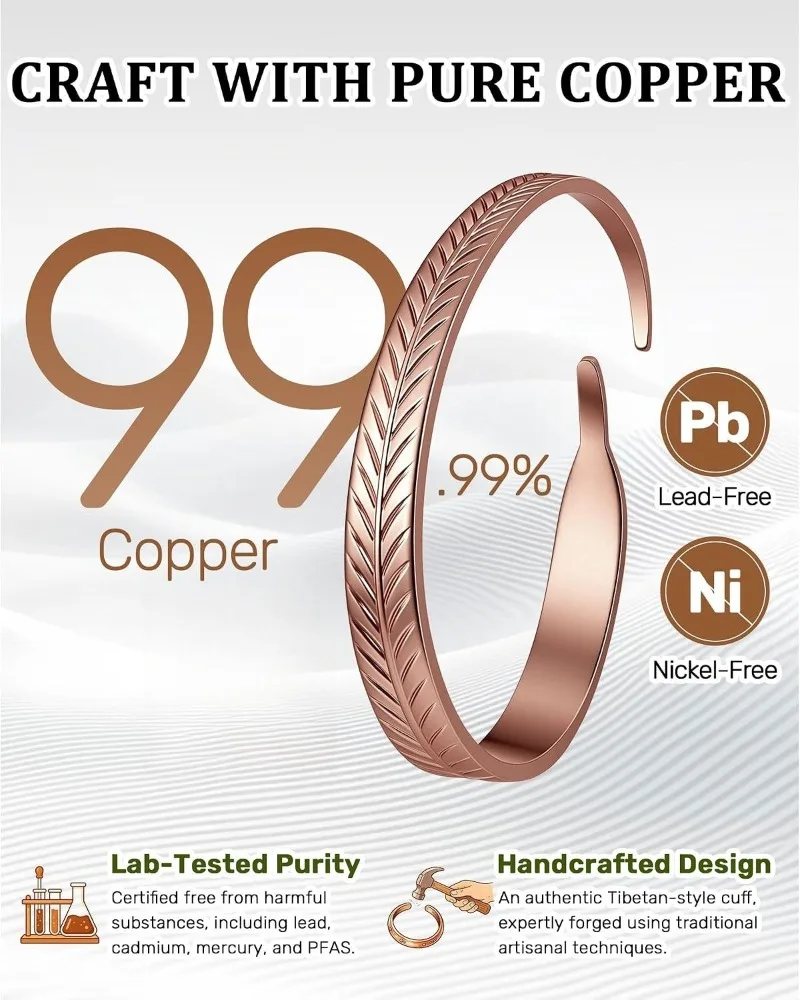 99.9% Adjustable Pure Copper Bracelet | Solid Cooper Bangles for Women Mom Girls, Real Cooper Jewelry As Birthday Gift for Her