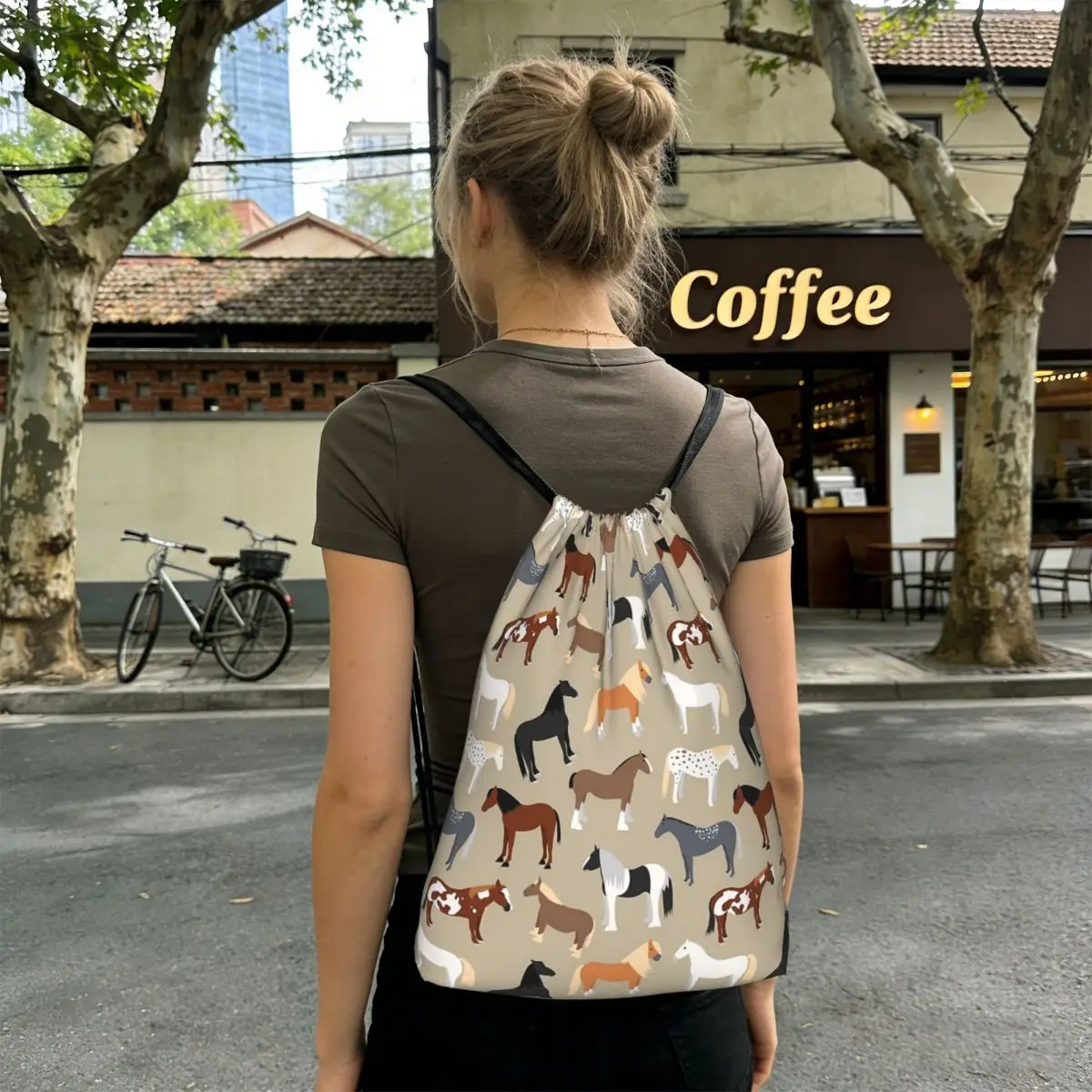Horse Breeds Pattern Backpacks Fashion Drawstring Bundle Pocket Sports Bag Book Bags for Travel Students