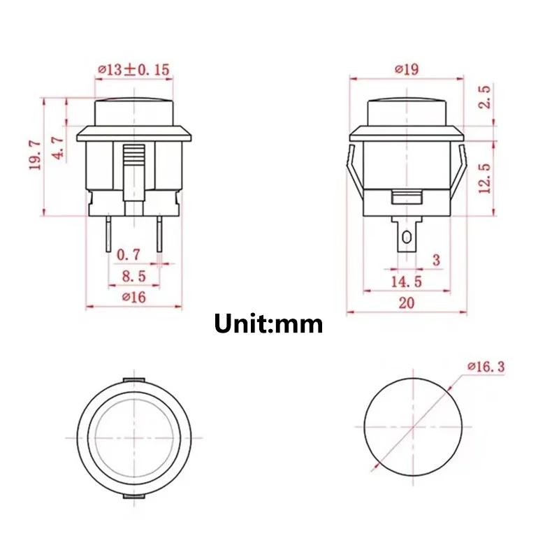 5/20PCS R13-507 Snap on Button Switch 16MM Round Self Reset Push Switch Panel Mounting 3A125V/1.5A250VAC