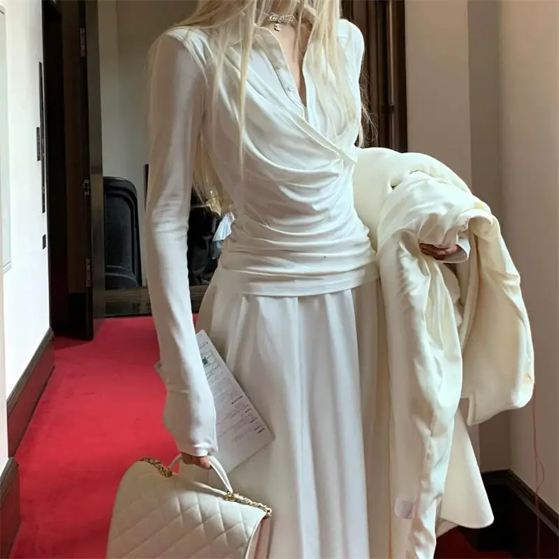POLO Collar Retro Sexy Top Women's False 2 Piece Basic Slim Long Sleeve T-shirt Autumn Winter Button Tee Y2k Aesthetic Chic Lady