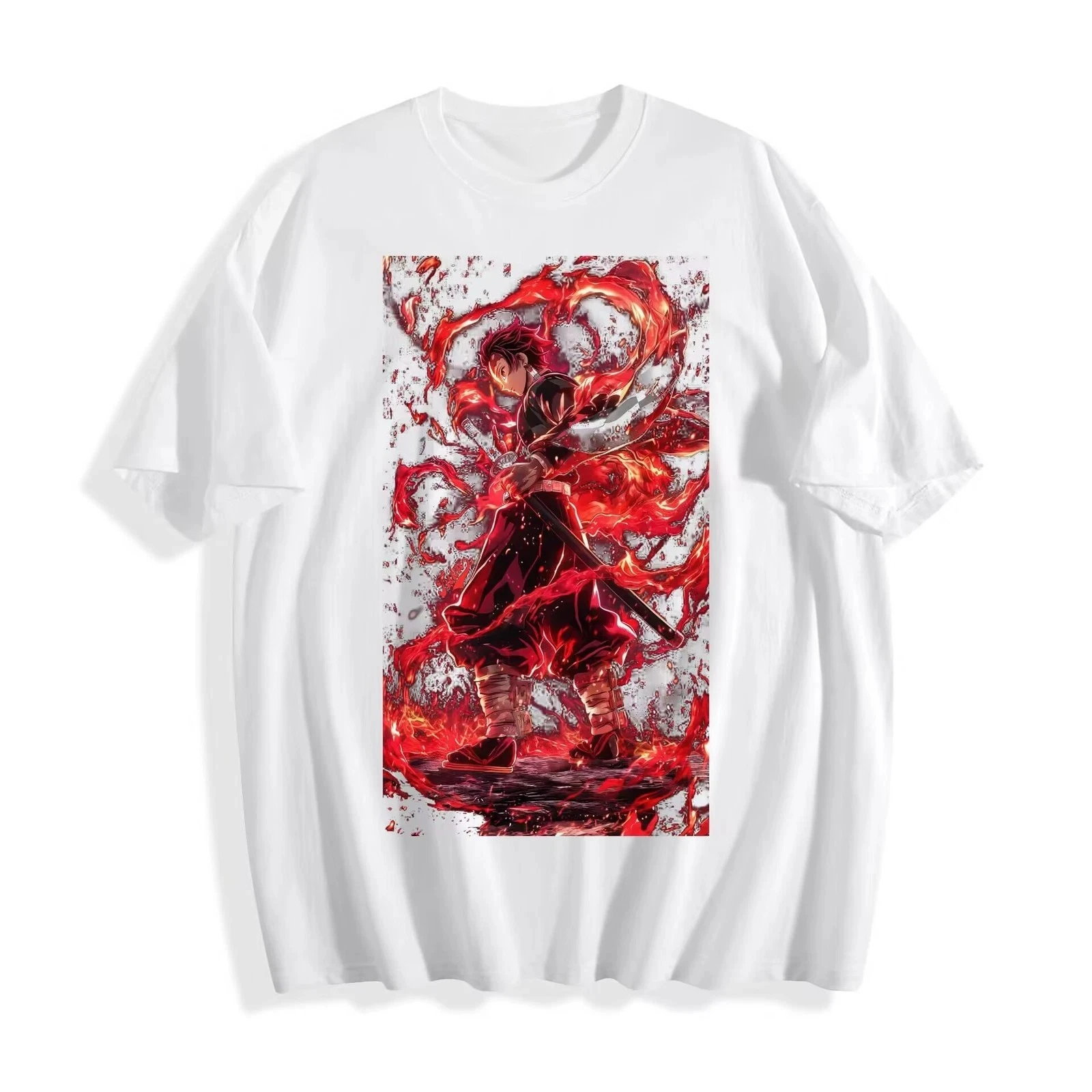 Summer Hot Sale Demon Slayer Fiery Warrior T-shirt - Dynamic Anime Unisex Tee Men's Round Neck Short Sleeve