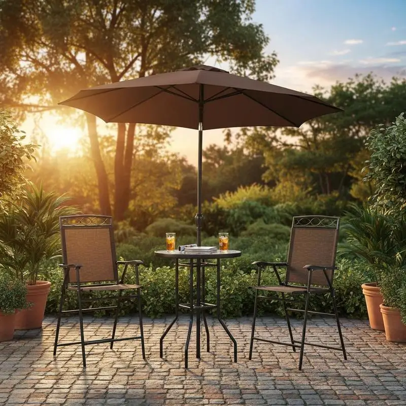 4 Piece Outdoor Patio Dining Furniture Set, 2 Folding Chairs, Adjustable Angle Umbrella, Wave Textured Tempered Glass Dinner Table, Brown