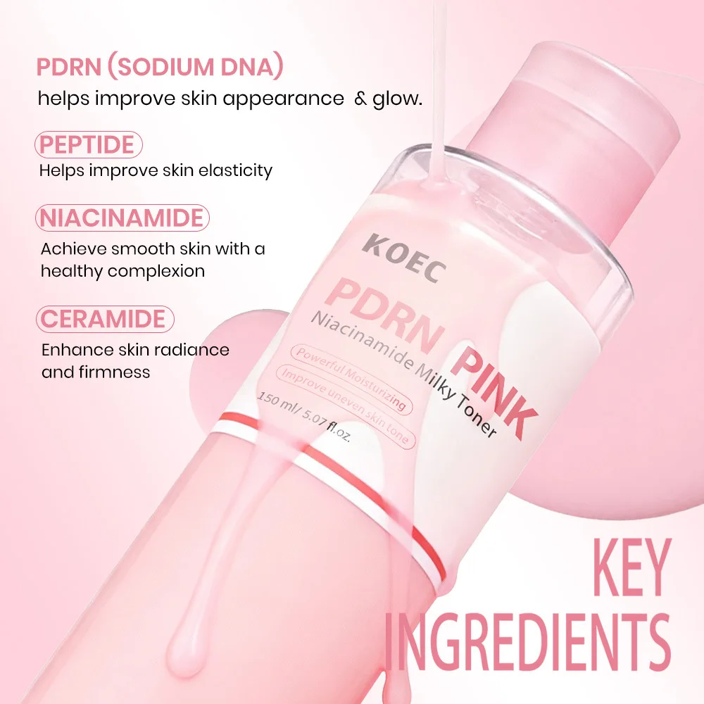 KOEC Toner leitoso rosa PDRN e niacinamida 150g, essência facial calmante e iluminadora para pele hidratada e uniforme