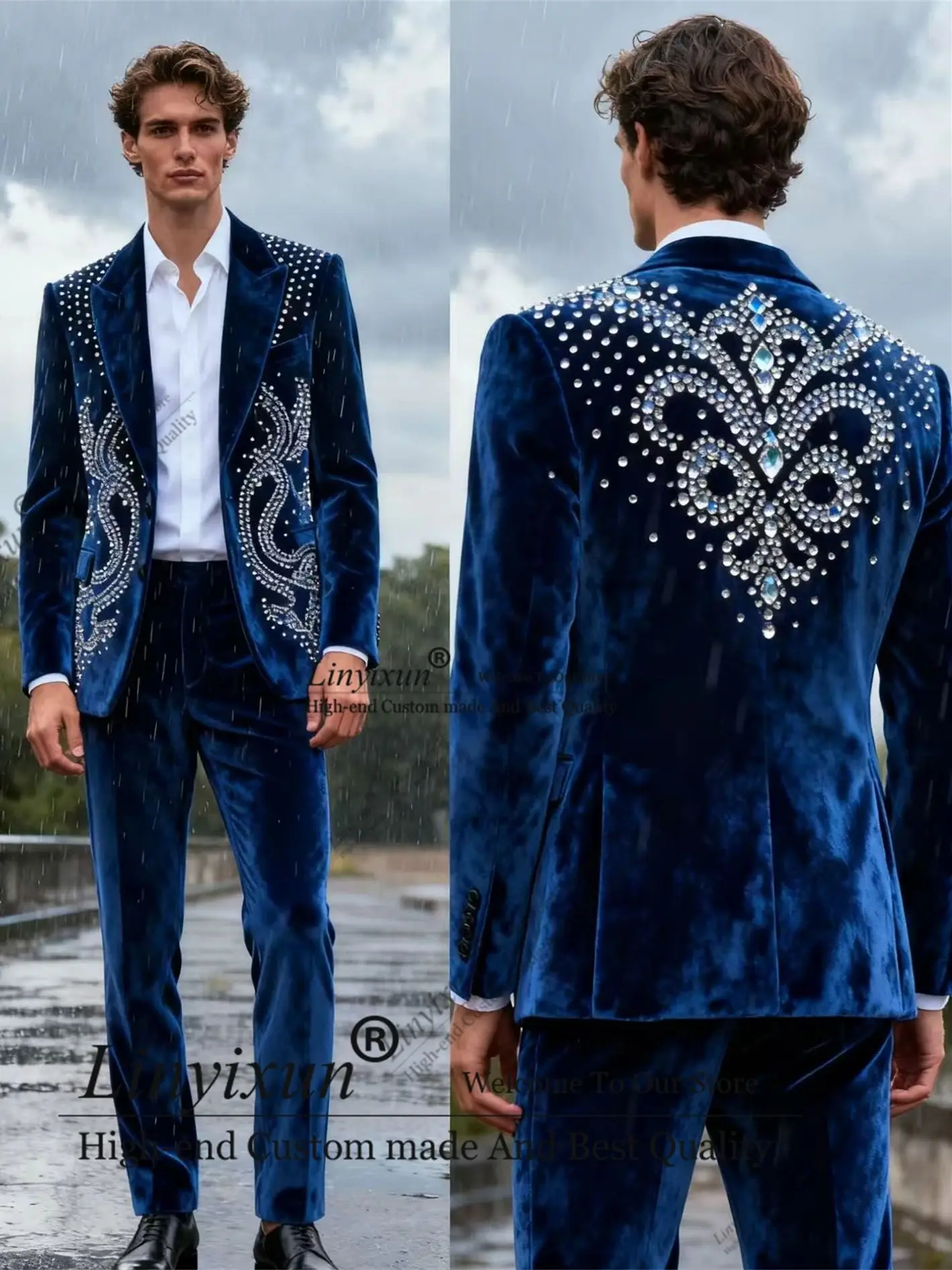 

Elegance Crystals Men Suit High End Beaded Groom Blazer Slim Fit Wedding Male Ropa Hombre Customized 2 Piece Sets Groom Tuxedos