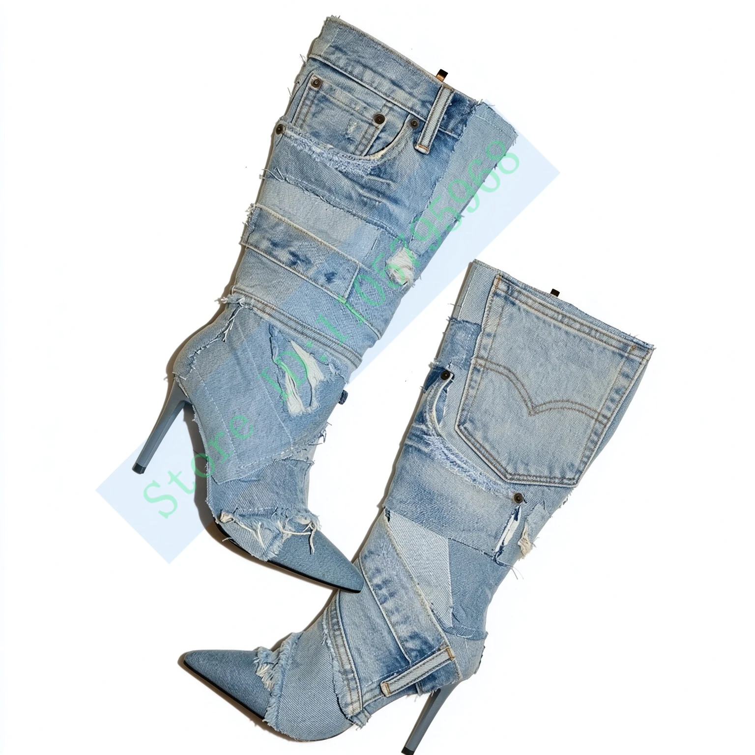 Patchwork Denim Knee High Heels Boots Women Stylish Pointy Toe Pocket Decor White Cowboy Tall Boots Side Zipper Sewing Shoes