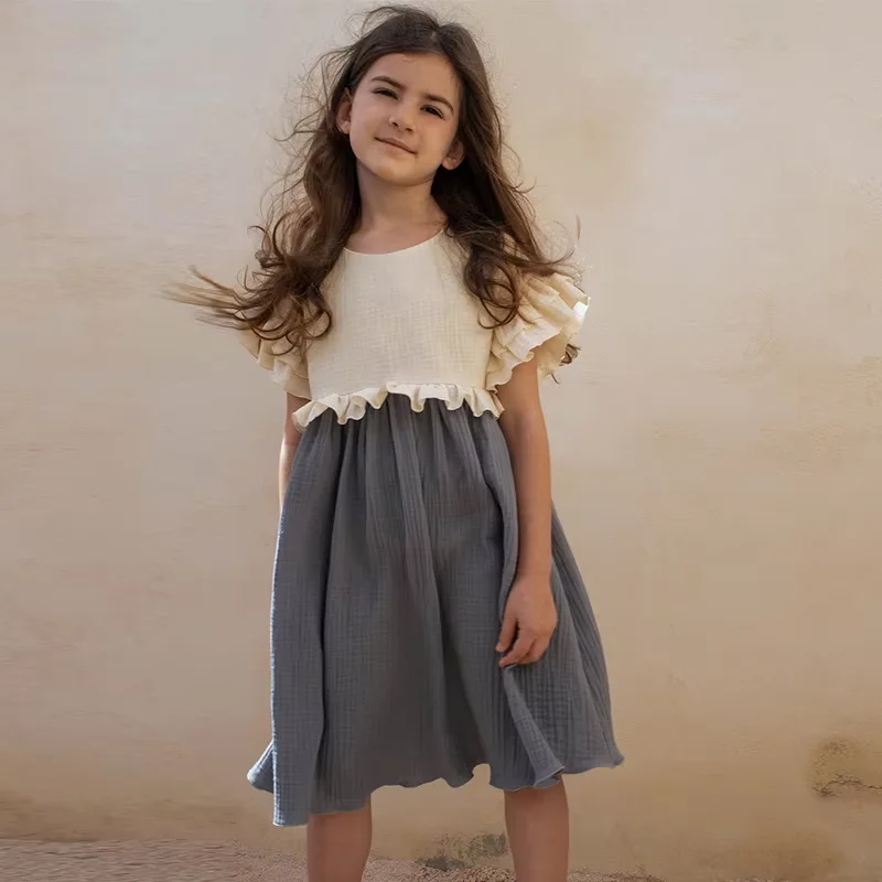 

Summer New Ruffles Short Sleeve Girls Dress 100% Gauze Cotton Retro Patchwork Pastoral Casual Loose Kids Dresses，320006KLP