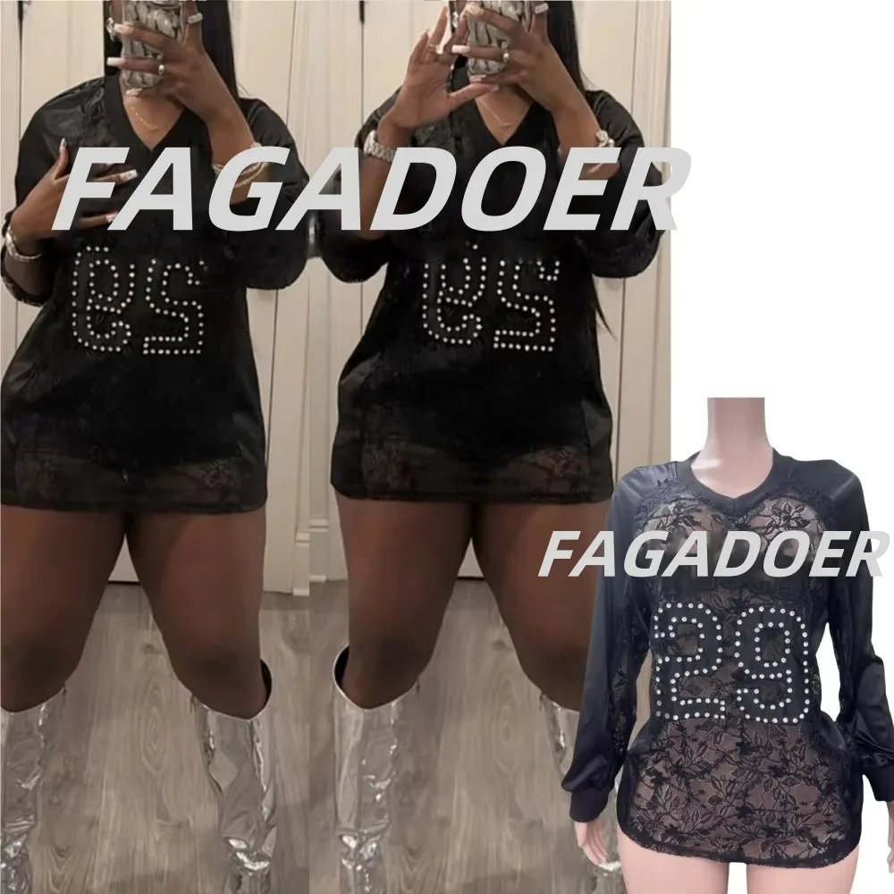 

FAGADOER Sexy Lace Splicing See Though Embroidery Rhinestone Tops Women V Neck Long Sleeve Tshirts Fashion American Streetwear