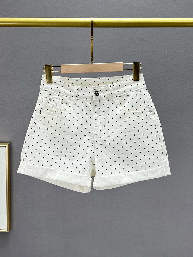 

Ультратонкие женские джинсовые шорты с высокой талией, летние 2024, в горошек, с отворотами, модные, из хлопка, стрейч