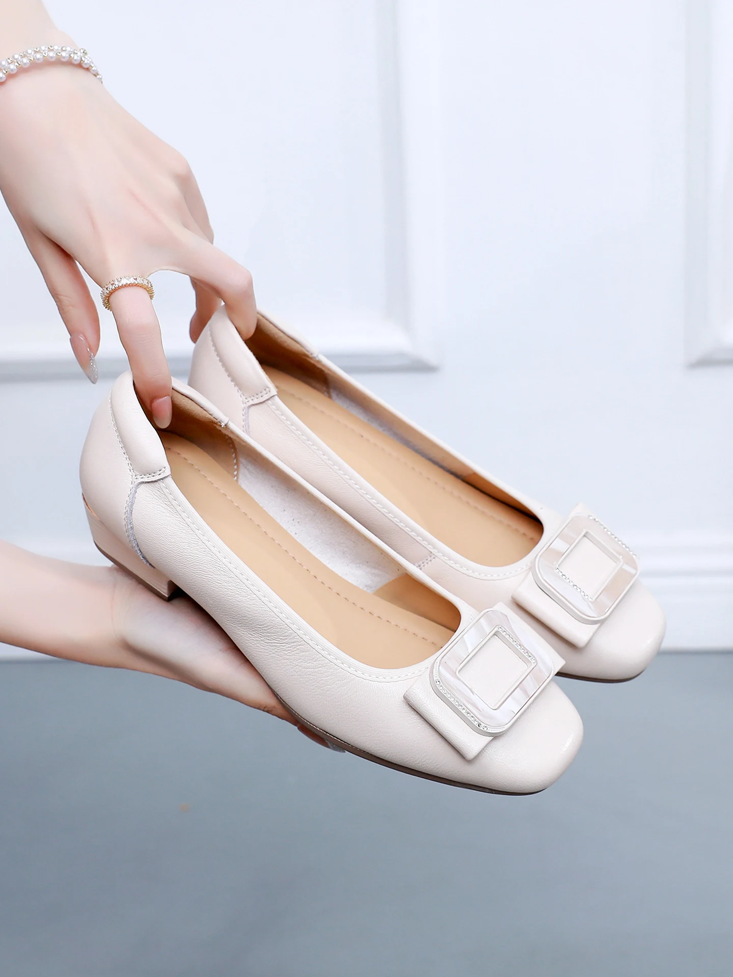 lamb-skin-slip-on-women's-shoes-spring-summer-commute-style-low-heel-square-buckle-soft-bottom-anti-slip-suitable-for-mothers