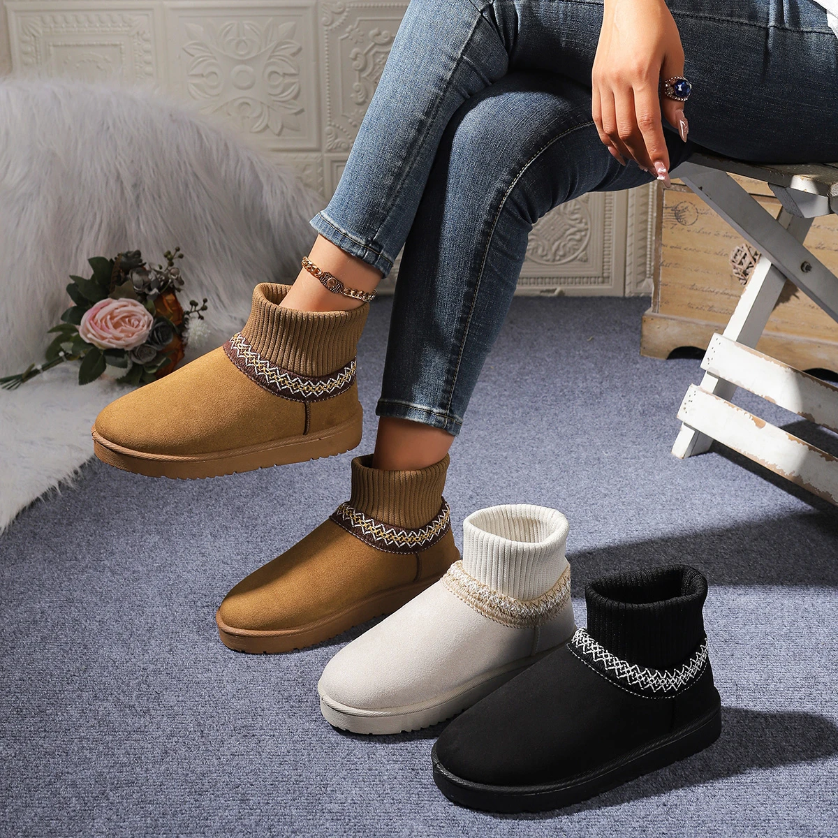 

Зимние сапоги с этнической вышивкой, женские короткие зимние сапоги на меховой подкладке, утепленная плюшевая хлопковая обувь, зимние короткие плюшевые зимние сапоги на резиновой подошве
